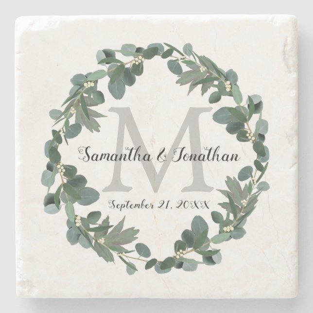 Modern Eucalyptus Wreath Monogram Wedding Keepsake Stone Coaster (Front)