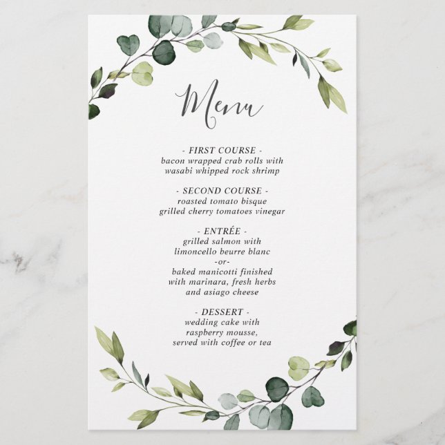 Modern Eucalyptus Wreath Wedding Dinner Menu (Front)