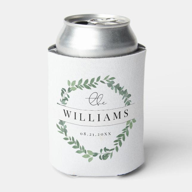 Modern Eucalyptus Wreath Wedding Minimalist Can Cooler (Can Front)