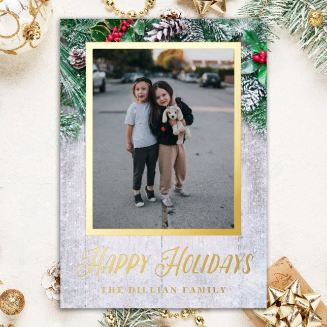 Modern Evergreen Christmas Two Photo Vertical Foil Holiday Card (Creator Uploaded)