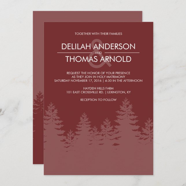 Modern Evergreen Trees Burgundy Winter Wedding Invitation (Front/Back)