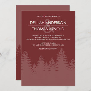 Modern Evergreen Trees Burgundy Winter Wedding Invitation
