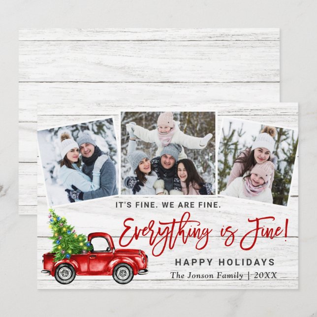 Modern Everything is Fine Christmas 3 Photo Holiday Card (Front/Back)