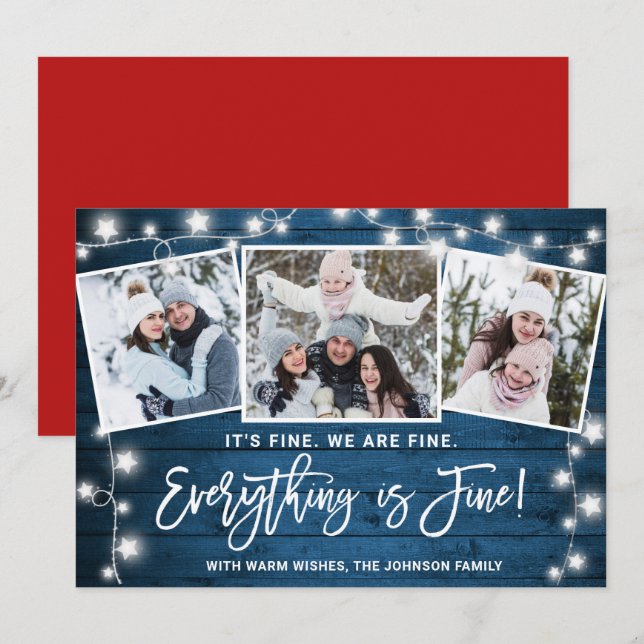 Modern Everything is Fine Christmas 3 Photo Holiday Card (Front/Back)