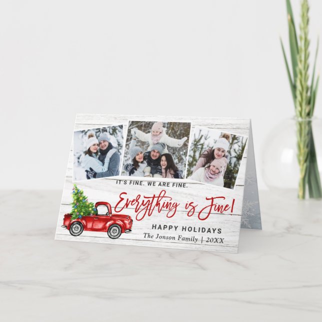 Modern Everything is Fine Christmas 3 Photo Holiday Card (Front)