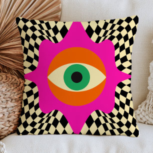 Modern Evil Eye on Chequered Pattern Bold Funky Cushion