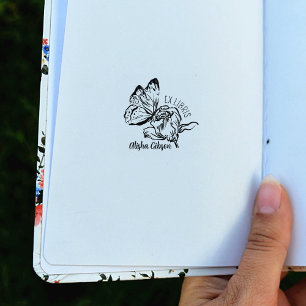 Modern Ex Libris Flower Butterfly, Book Rubber Stamp