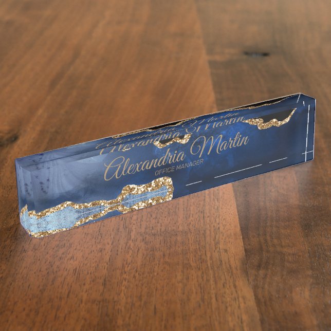 Modern Executive Navy Blue Gold Glitter Script Nameplate (Side)