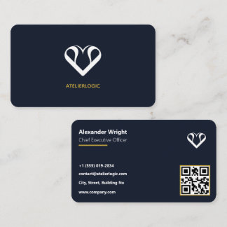 Modern Executive Navy Blue & Gold QR Code Business Card