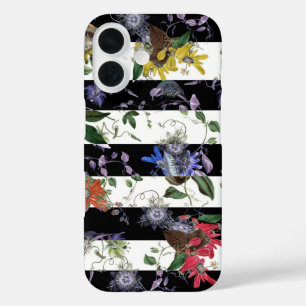 Modern Exotic Colourful Flowers Black White Stripe iPhone 16 Case