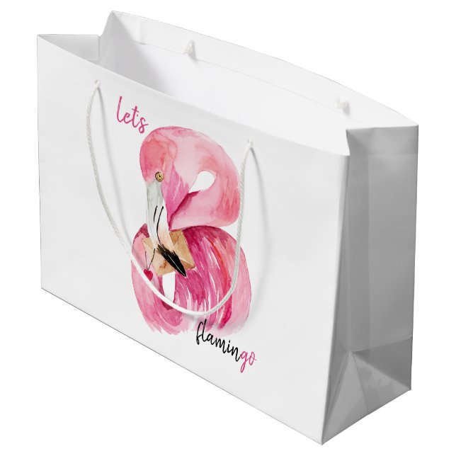 Modern Exotic Pink Let's Flamingo Watercolor Large Gift Bag (Back Angled)