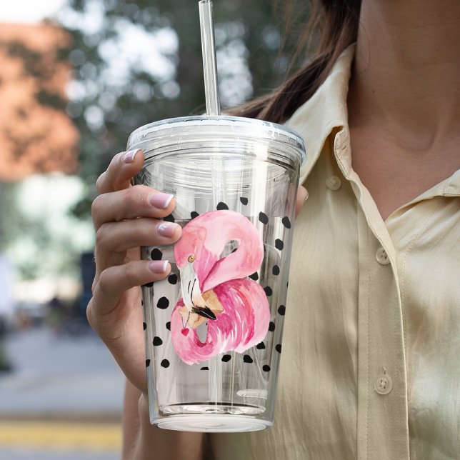 Modern Exotic Pink Watercolor Flamingo & Dots Acrylic Tumbler (Creator Uploaded)