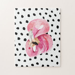 Modern Exotic Pink Watercolor Flamingo & Dots Jigsaw Puzzle