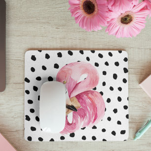 Modern Exotic Pink Watercolor Flamingo & Dots Mouse Mat