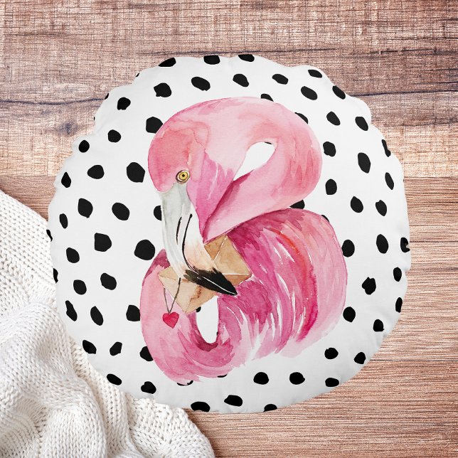 Modern Exotic Pink Watercolor Flamingo & Dots Round Cushion (Creator Uploaded)