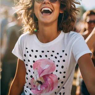 Modern Exotic Pink Watercolor Flamingo & Dots T-Shirt