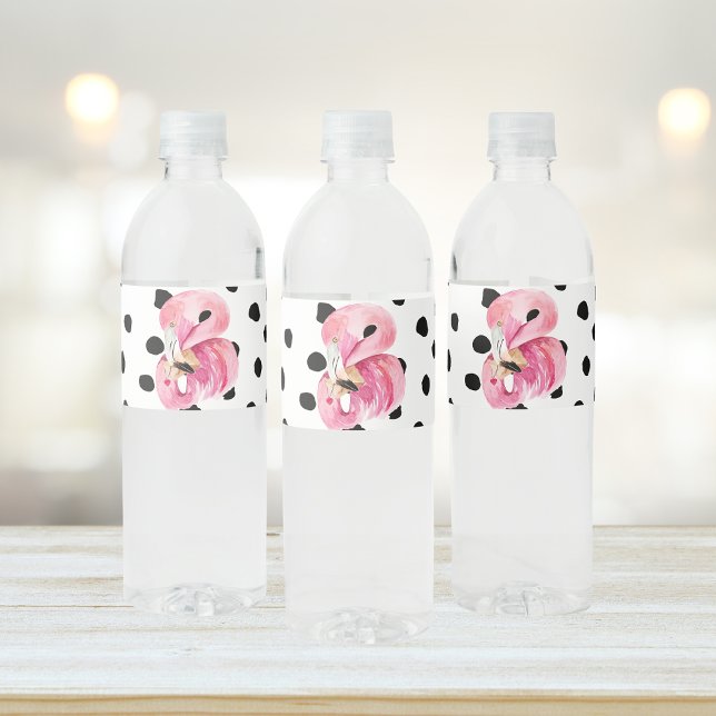 Modern Exotic Pink Watercolor Flamingo & Dots Water Bottle Label (Creator Uploaded)