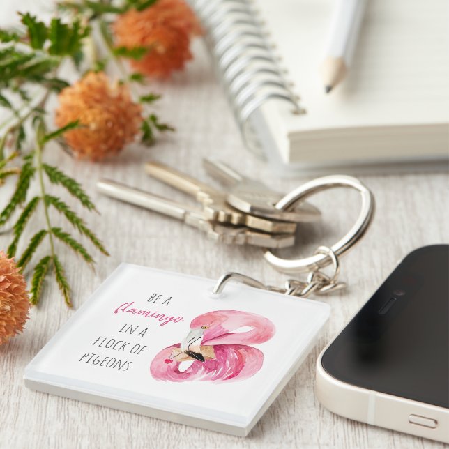 Modern Exotic Pink Watercolor Flamingo With Quote Key Ring (Front Right)