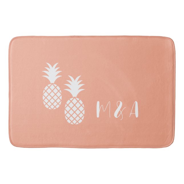 Modern Exotic Pink White Pineapple Pattern  Bath Mat (Front)