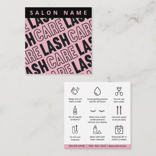 Modern Eyelash Extensions Lash Lift Aftercare Square Business Card (Front/Back)