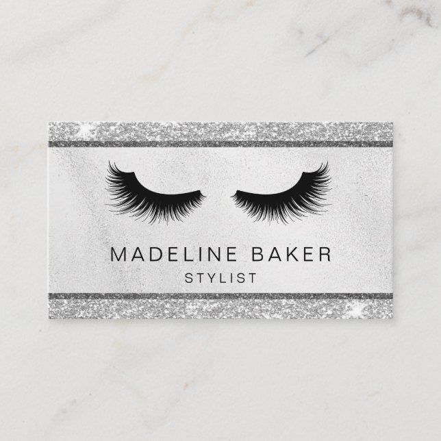 Modern Eyelashes Makeup Silver Glitter Lashes Lash Business Card (Front)