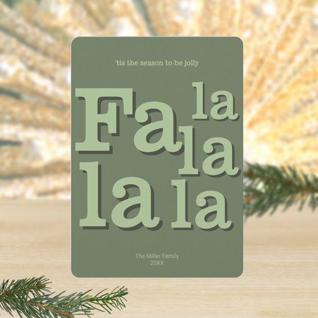 Modern Fa La Green Simple Typography Chic Holiday Card (Bold graphic typography design gives these sage green Christmas cards a modern feel)
