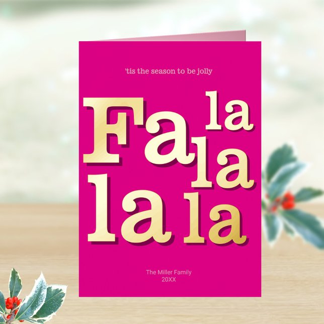 Modern Fa La Hot Pink Simple Minimal Chic Gold Foil Holiday Card (Real gold foil printing gives these modern typography folded Christmas cards a touch of elegance)