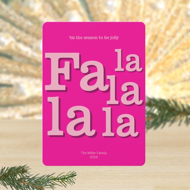 Modern Fa La Hot Pink Simple Typography Chic Holiday Card (Simple modern graphic typography plus trendy hot pink makes these custom Christmas cards stand out)