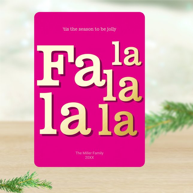 Modern Fa La Hot Pink Simple Typography Gold Foil Holiday Card (Real gold foil printing adds glimmer and shine to these hot pink typography Christmas cards)