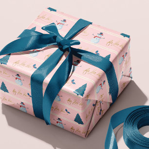 Modern Fa La La Stripe Christmas Tree & Snowman Wrapping Paper