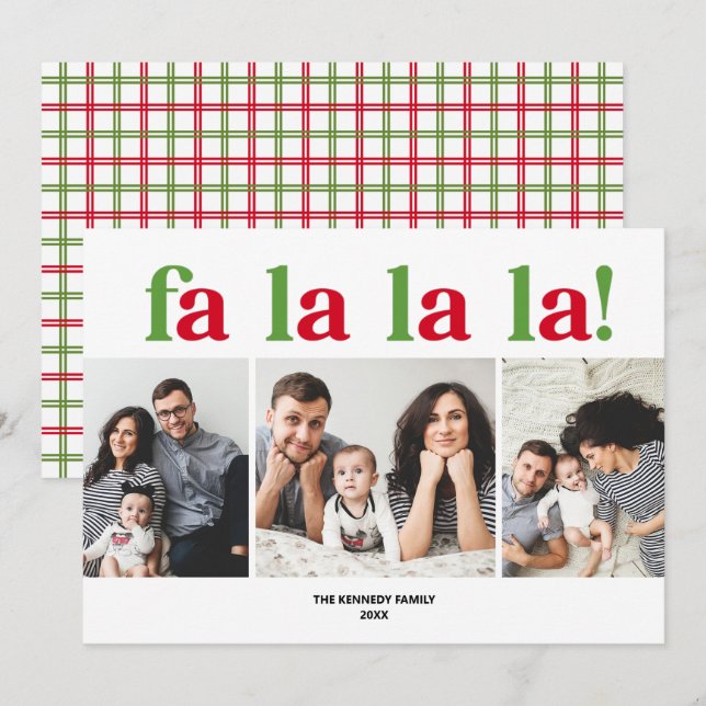 Modern Fa La La three photo Christmas Card (Front/Back)