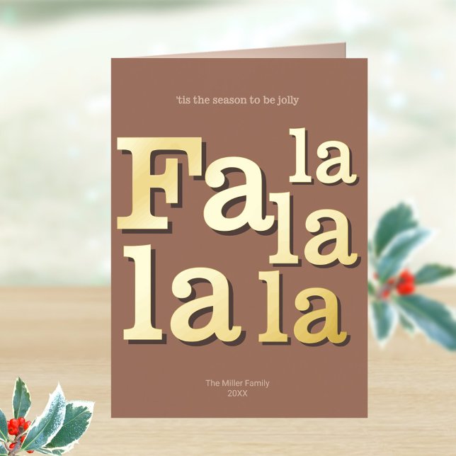 Modern Fa La Mocha Simple Minimal Chic Gold Foil Holiday Card (These custom folded Christmas cards feature real gold foil accents as a festive touch)