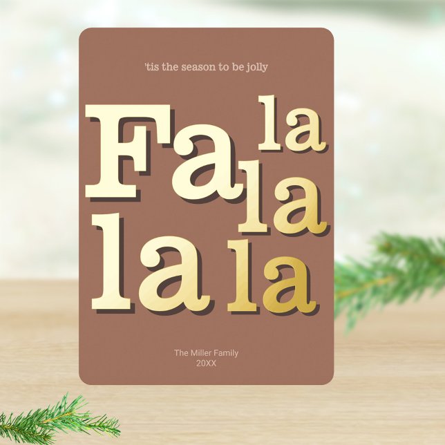 Modern Fa La Mocha Simple Typography Gold Foil Holiday Card (Real gold foil accents add a festive flair to these earthy colors Fa la la la la Christmas cards)