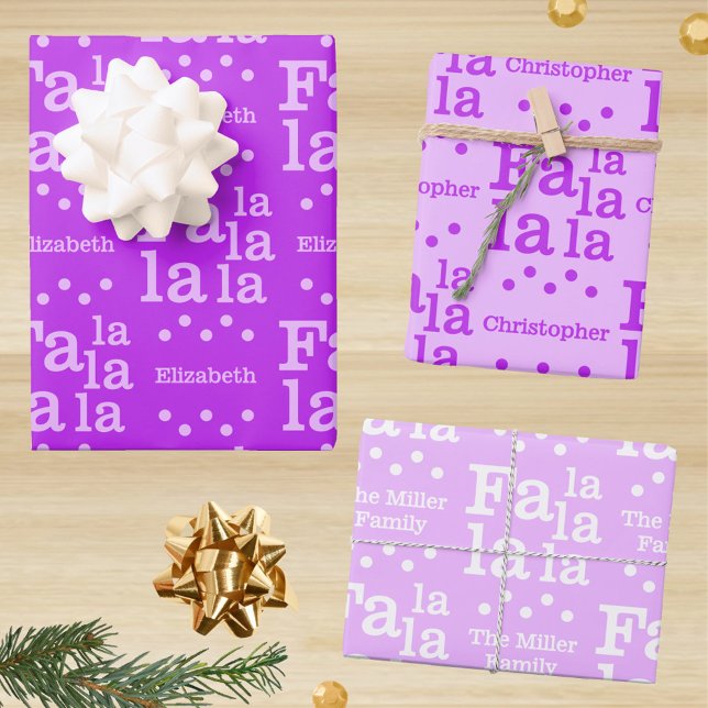 Modern Fa La Purple Simple Add Name Christmas Wrapping Paper Sheet (Festive purple Christmas gift wrap sheets with the option to add up to 3 names, one per sheet)