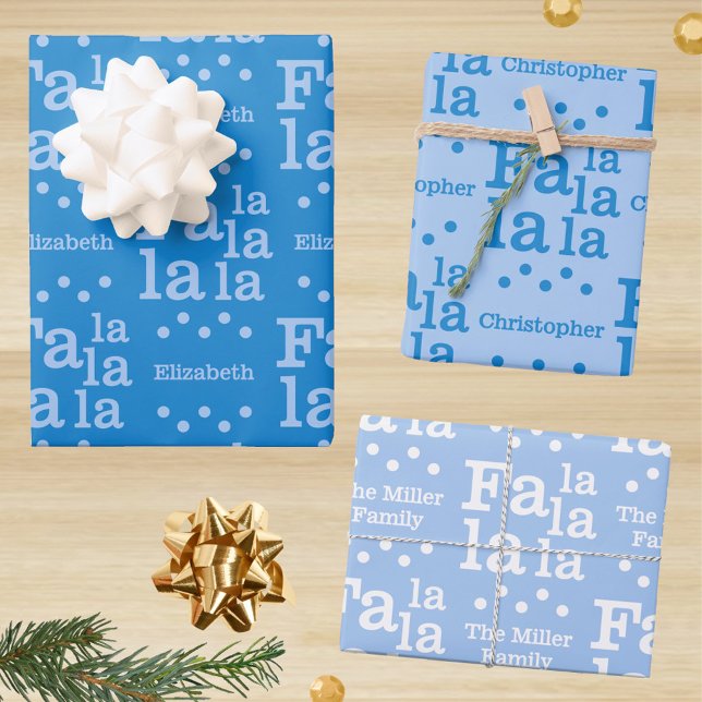 Modern Fa La Sky Blue Simple Add Name Christmas Wrapping Paper Sheet (Three festive blue designs on this personalized Christmas typography gift wrap)