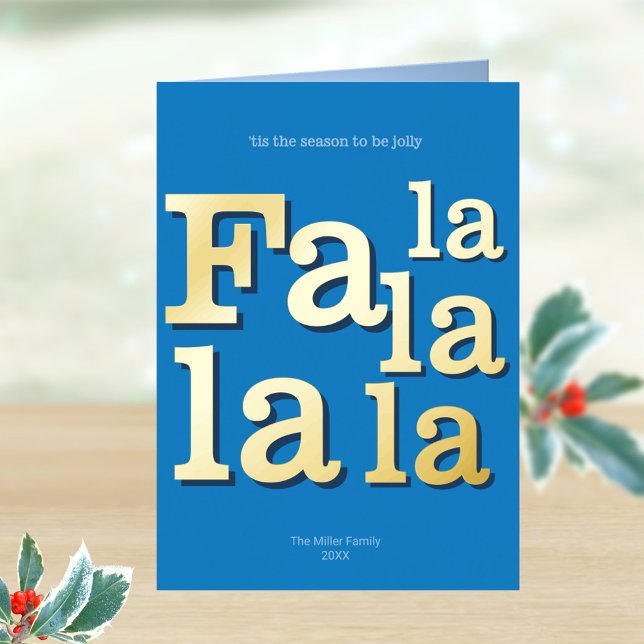 Modern Fa La Sky Blue Simple Minimal Chic Gold Foil Holiday Card (Folded blue Christmas cards with real gold foil accents and a bold typography design)