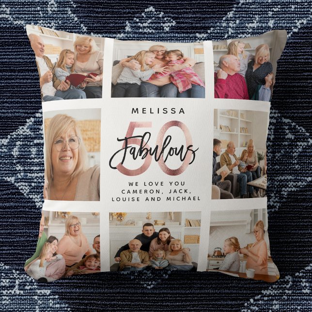 Modern Fabulous 50th Birthday Photos Rose Gold Cushion (Creator Uploaded)