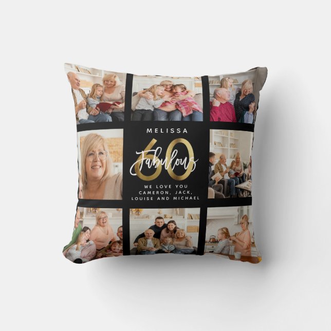 Modern Fabulous 60th Birthday Photo Collage Gold  Cushion (Front)