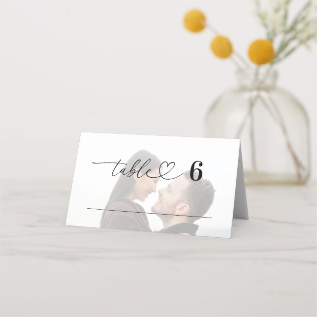 Modern Faded Photo Heart Script Wedding Guest Place Card (Front)