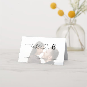 Modern Faded Photo Heart Script Wedding Guest Place Card