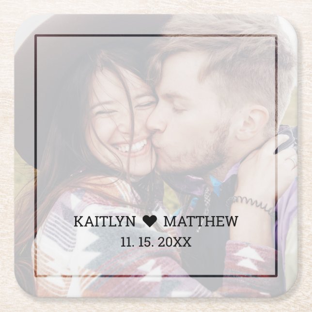 Modern Faded Photo Minimalist Typography Wedding Square Paper Coaster (Front)
