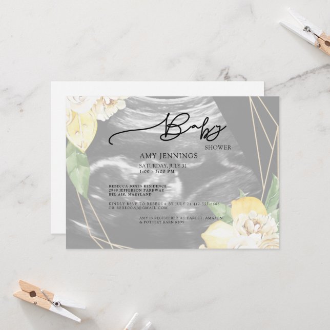 Modern Faded Ultrasound Floral Baby Shower  Invitation (Front/Back In Situ)