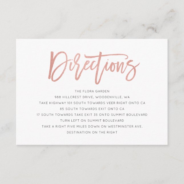 Modern Fairytale Rose Gold Wedding Directions Card (Front)