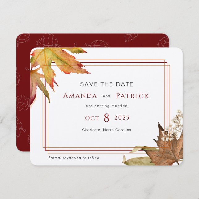 Modern Fall Autumn leaves elegant save the date (Front/Back)