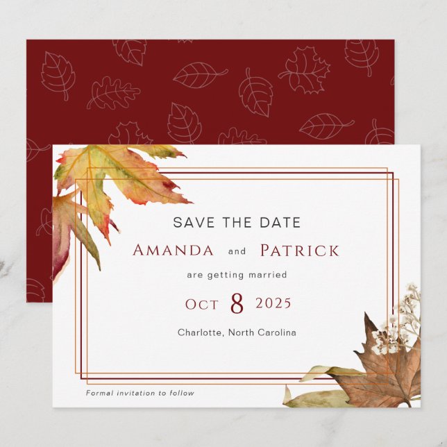 Modern fall autumn leaves garden wedding save the date (Front/Back)