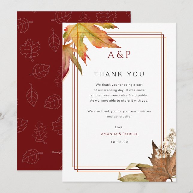 Modern Fall Autumn Leaves Wedding thank you cards (Front/Back)