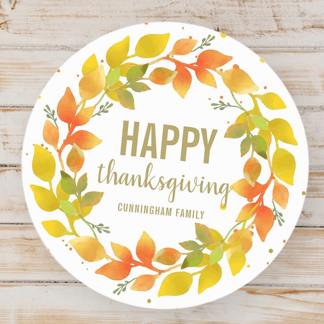 Modern Fall Autumn Leaves Wreath  | Thanksgiving Classic Round Sticker (Creator Uploaded)