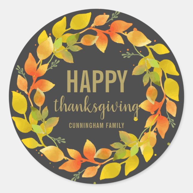 Modern Fall Autumn Leaves Wreath  | Thanksgiving Classic Round Sticker (Front)