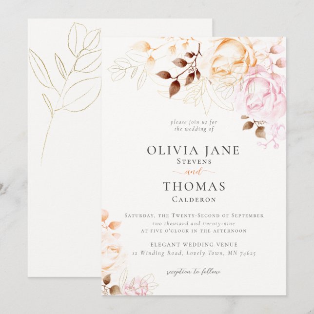 Modern Fall Blush Orange Floral Wedding Invitation (Front/Back)