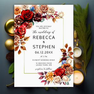 Modern Fall Bouquet Red Roses Floral Frame Wedding Invitation